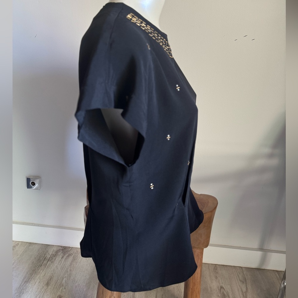 Vintage 1940’s - 50’s Silky Black Bias Cut Short Sleeve Blouse w Rhinestones MED - Picture 6 of 10